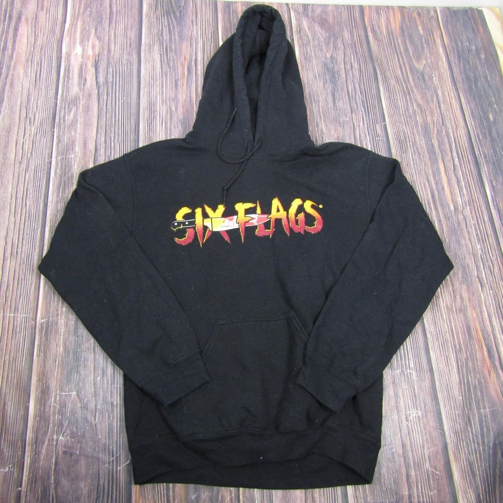 Six Flags Hoodie Mens S Black Pullover Fleece Heavyweight Graphic Horror Scary